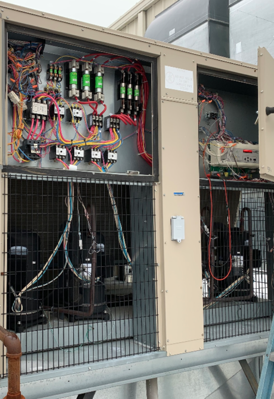 Electrical components inside commercial HVAC equipment